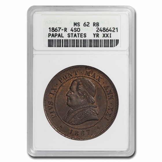 1867-R XXI Papal States 4 Soldi MS-62 ANACS (Red/Brown) 1867-R XXI Papal States 4 Soldi MS-62 ANACS (Red/Brown)
