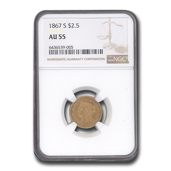 1867-S $2.50 Liberty Gold Quarter Eagle AU-55 NGC 1867-S $2.50 Liberty Gold Quarter Eagle AU-55 NGC