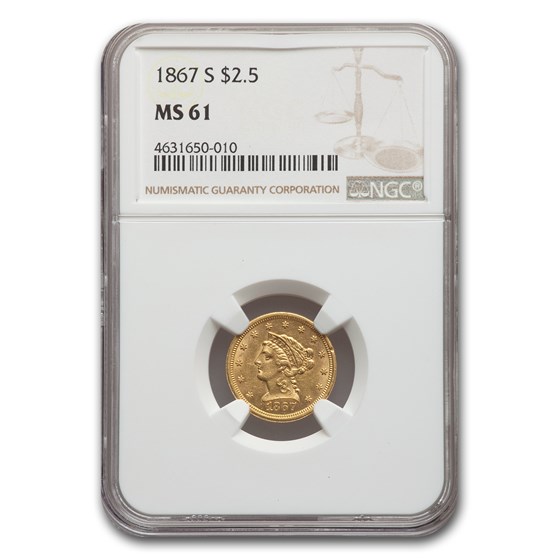1867-S $2.50 Liberty Gold Quarter Eagle MS-61 NGC 1867-S $2.50 Liberty Gold Quarter Eagle MS-61 NGC