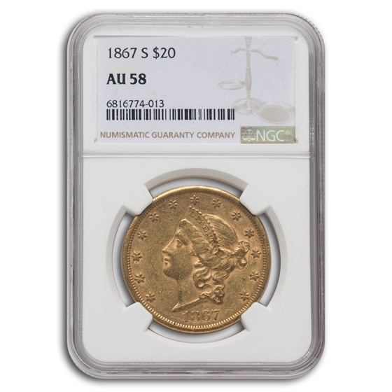1867-S $20 Liberty Gold Double Eagle AU-58 NGC 1867-S $20 Liberty Gold Double Eagle AU-58 NGC