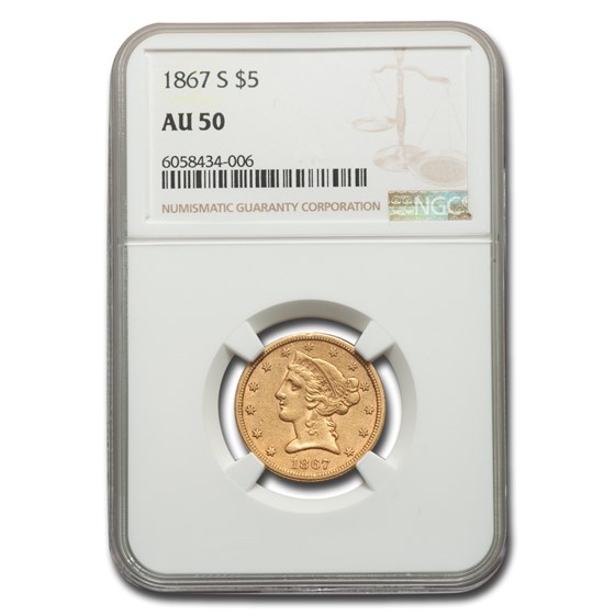 1867-S $5 Liberty Gold Half Eagle AU-50 NGC 1867-S $5 Liberty Gold Half Eagle AU-50 NGC