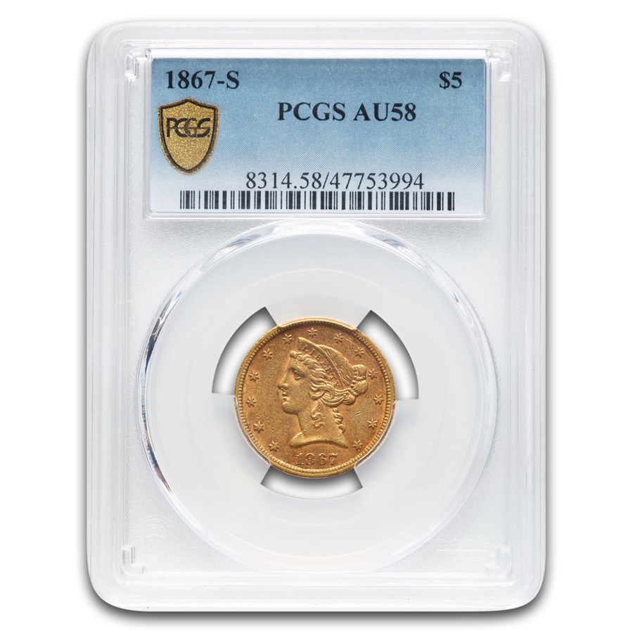 1867-S $5 Liberty Gold Half Eagle AU-58 PCGS