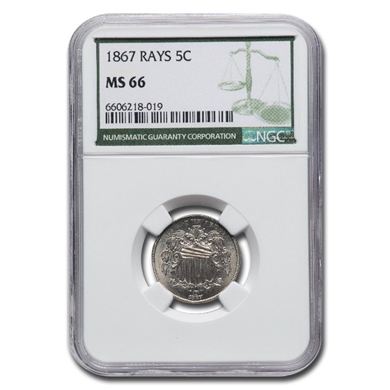 1867 Shield Nickel MS-66 NGC (Rays, Green Label) 1867 Shield Nickel MS-66 NGC (Rays, Green Label)