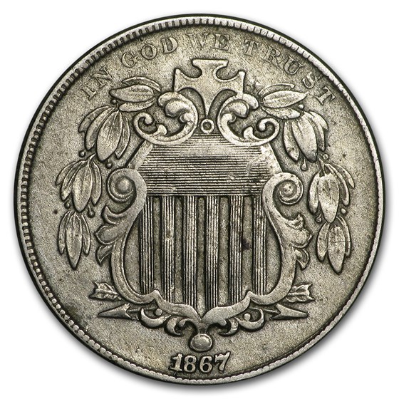 1867 Shield Nickel w/o Rays XF