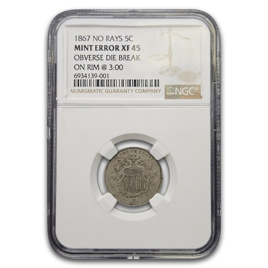 1867 Shield Nickel XF-45 NGC (No Rays, Obv Die Break Rim @ 3:00)