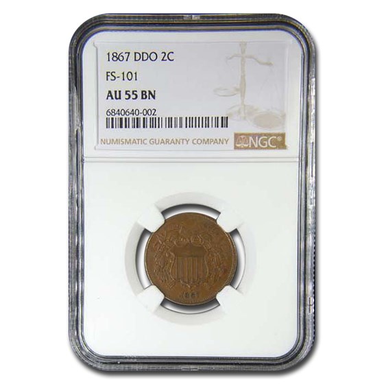 1867 Two Cent Piece AU-55 NGC (DDO, FS-101) 1867 Two Cent Piece AU-55 NGC (DDO, FS-101)