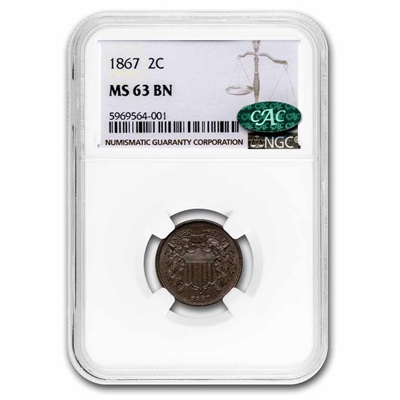 1867 Two Cent Piece MS-63 NGC CAC (Brown)