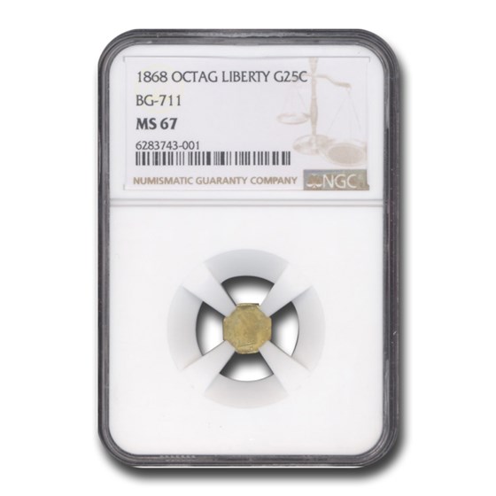 1868 Liberty Octagonal 25 Cent Gold MS-67 NGC (BG-711) 1868 Liberty Octagonal 25 Cent Gold MS-67 NGC (BG-711)