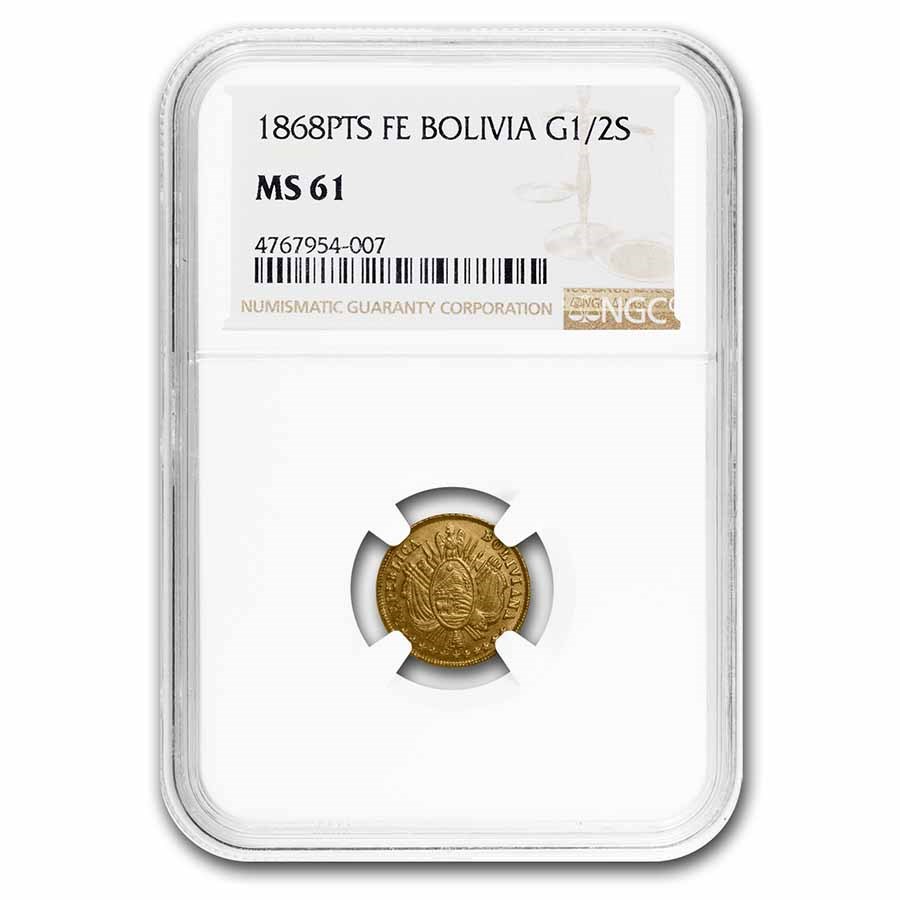 1868-PTS-FE Bolivia Republic Gold 1/2 Scudos MS-61 NGC