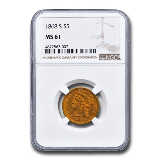 1868-S $5 Liberty Gold Half Eagle MS-61 NGC 1868-S $5 Liberty Gold Half Eagle MS-61 NGC