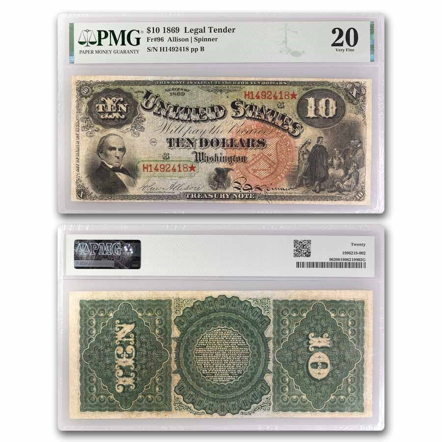 1869 $10 Legal Tender Daniel Webster "Rainbow" VF-20 PMG (Fr#96)