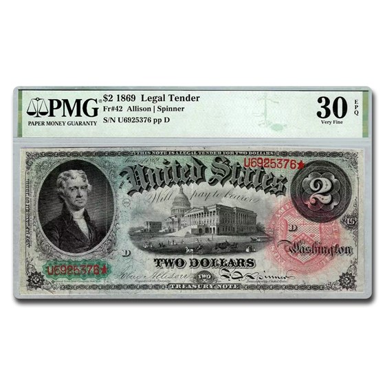 1869 $2.00 Legal Tender "Rainbow" VF-30 EPQ PMG (Fr#42) 1869 $2.00 Legal Tender "Rainbow" VF-30 EPQ PMG (Fr#42)