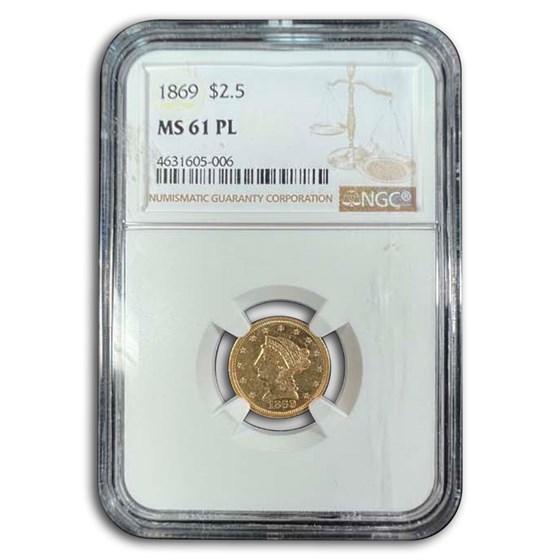 1869 $2.50 Liberty Gold Quarter Eagle MS-61 NGC (PL) 1869 $2.50 Liberty Gold Quarter Eagle MS-61 NGC (PL)