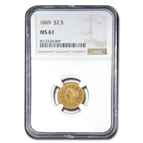 1869 $2.50 Liberty Gold Quarter Eagle MS-61 NGC 1869 $2.50 Liberty Gold Quarter Eagle MS-61 NGC