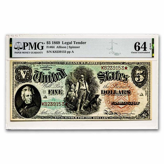 1869 $5.00 Legal Tender Woodchopper "Rainbow" CU-64 PMG (Fr#64) 1869 $5.00 Legal Tender Woodchopper "Rainbow" CU-64 PMG (Fr#64)