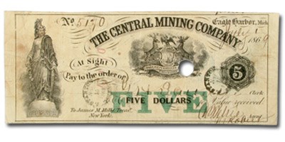 1869 $5.00 The Central Mining Co., Eagle Harbor MI VF 1869 $5.00 The Central Mining Co., Eagle Harbor MI VF