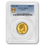 1869-BB France Gold 100 Francs Napoleon III MS-63 PCGS