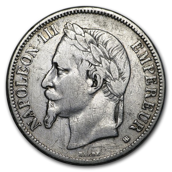 1869-BB France Silver 5 Francs AU Details 1869-BB France Silver 5 Francs AU Details
