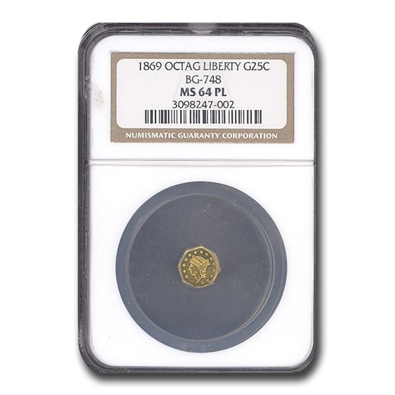 1869 Liberty Octagonal 25 Cent Gold MS-64 NGC (PL, BG-748)
