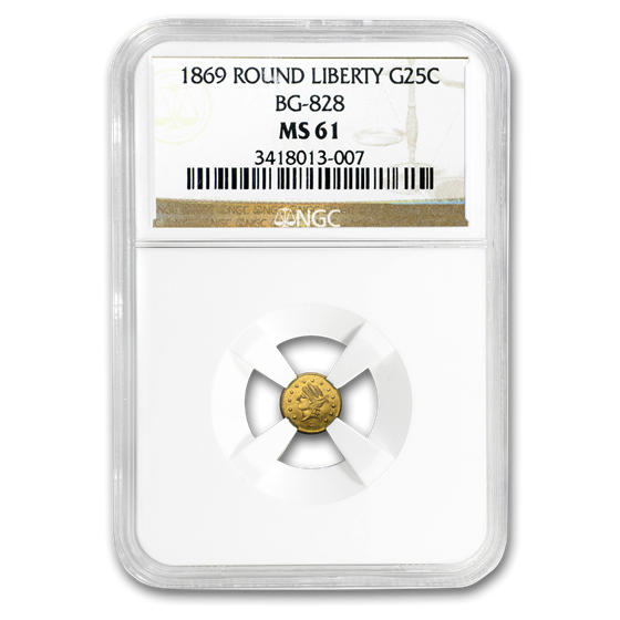 1869 Liberty Round 25 Cent Gold MS-61 NGC (BG-828) 1869 Liberty Round 25 Cent Gold MS-61 NGC (BG-828)