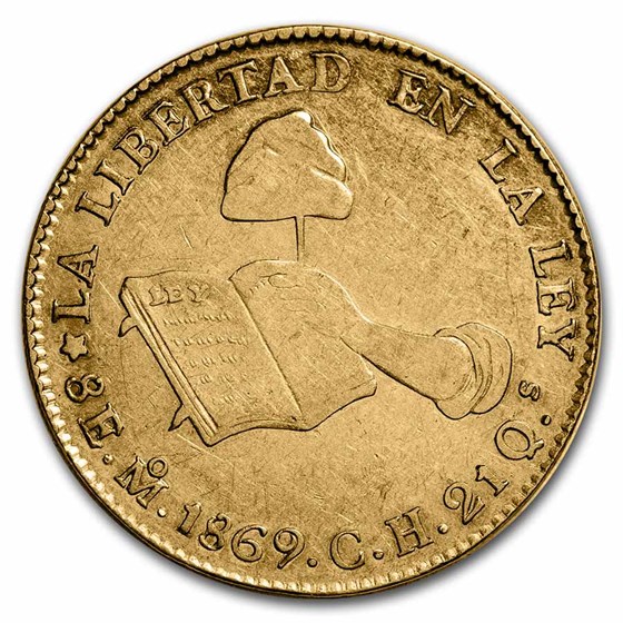 1869 Mo CH Mexico Gold First Republic 8 Escudos XF 1869 Mo CH Mexico Gold First Republic 8 Escudos XF