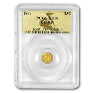 1869 Round Liberty 25 Cent Gold AU-58 PCGS (BG-830) 1869 Round Liberty 25 Cent Gold AU-58 PCGS (BG-830)