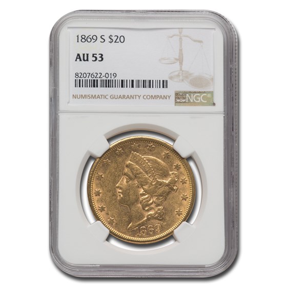 1869-S $20 Liberty Gold Double Eagle AU-53 NGC 1869-S $20 Liberty Gold Double Eagle AU-53 NGC