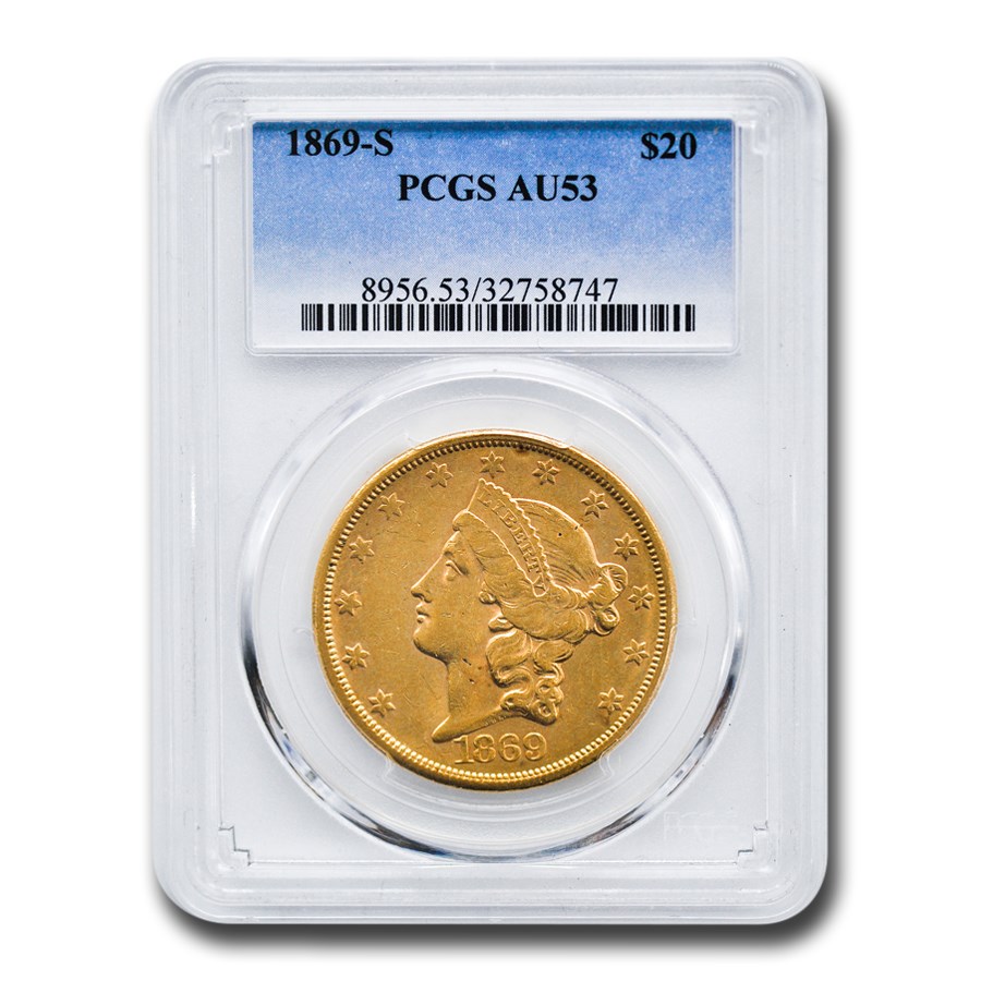 1869-S $20 Liberty Gold Double Eagle AU-53 PCGS