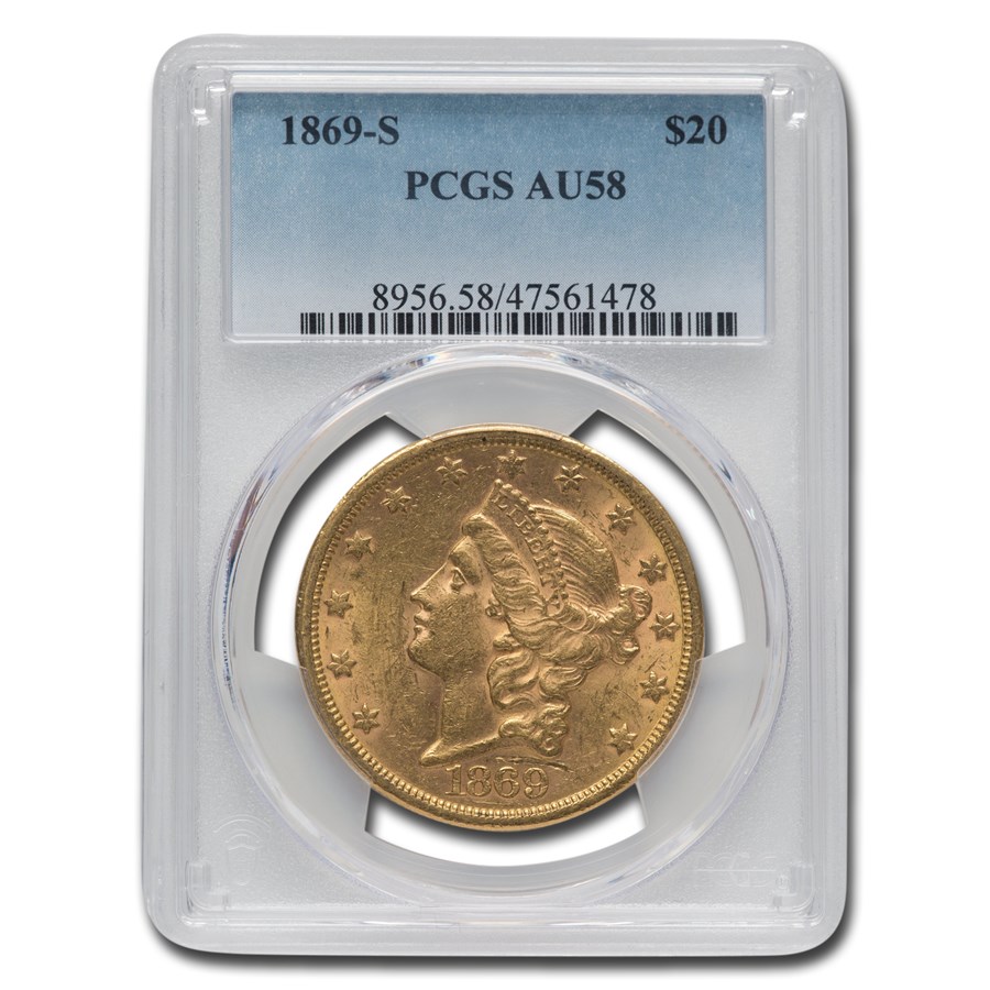 1869-S $20 Liberty Gold Double Eagle AU-58 PCGS