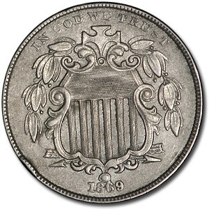1869 Shield Nickel AU-58 Details 1869 Shield Nickel AU-58 Details