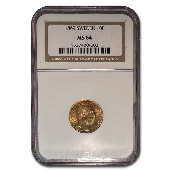 1869 Sweden Gold 10 Francs Carl XV Adolf MS-64 NGC 1869 Sweden Gold 10 Francs Carl XV Adolf MS-64 NGC