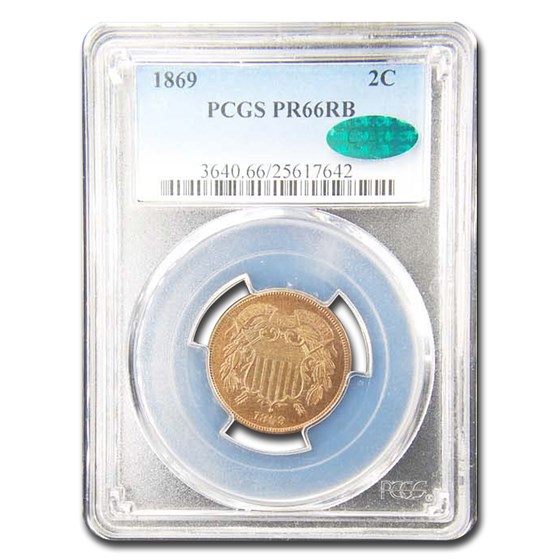 1869 Two Cent Piece PR-66 PCGS CAC (Red/Brown)