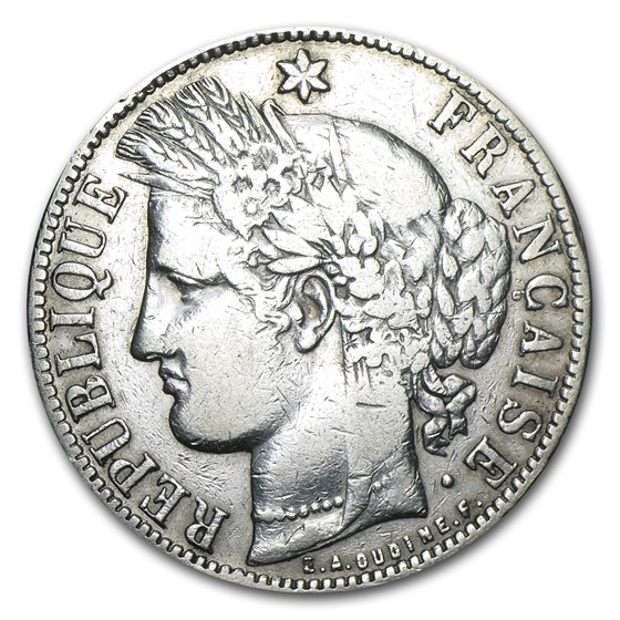 1870-1871 France Silver 5 Francs Ceres Head No Motto Avg Circ 1870-1871 France Silver 5 Francs Ceres Head No Motto Avg Circ