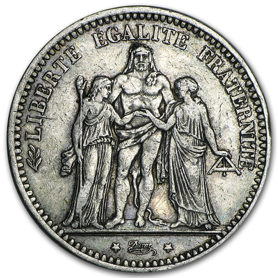 1870-1878 France Silver 5 Francs Hercules Avg Circ