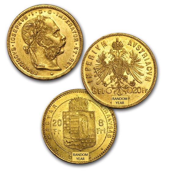 1870-1892 Hungary Gold 8 Forint/20 Franc Avg Circ (Random) 1870-1892 Hungary Gold 8 Forint/20 Franc Avg Circ (Random)