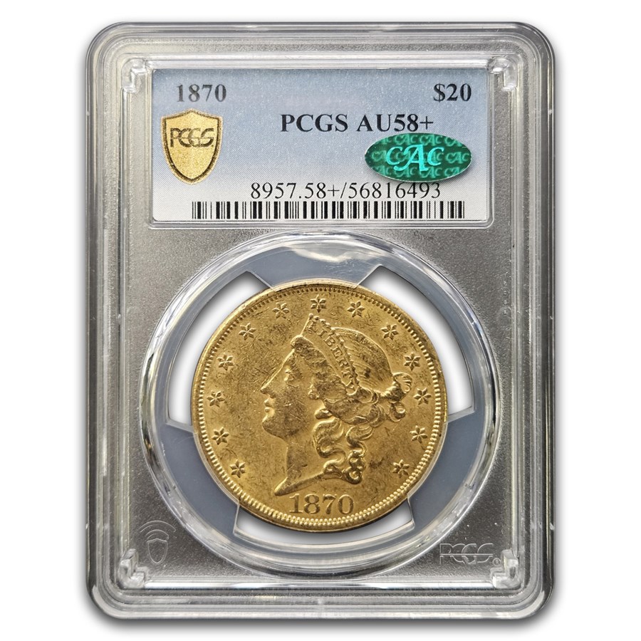 1870 $20 Liberty Gold Double Eagle AU-58+ PCGS CAC