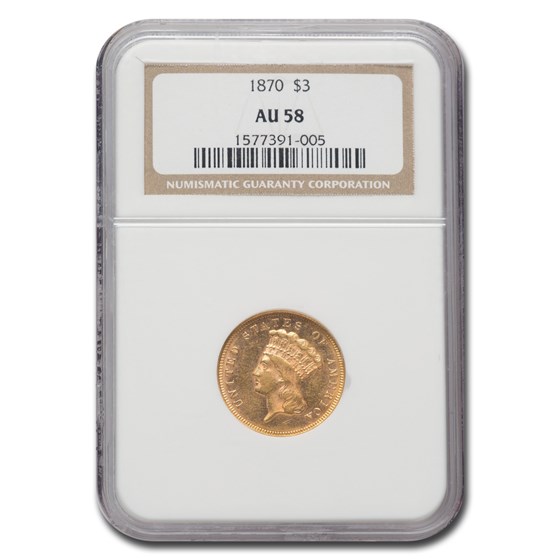 1870 $3 Gold Princess AU-58 NGC