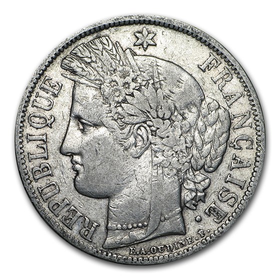 1870-A France Silver 5 Francs Ceres Head Avg Circ 1870-A France Silver 5 Francs Ceres Head Avg Circ