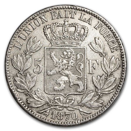 1870 Belgium Silver 5 Francs Leopold II XF