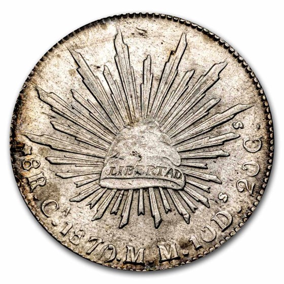 1870-Ca MM Mexico Silver 8 Reales Cap & Rays BU 1870-Ca MM Mexico Silver 8 Reales Cap & Rays BU