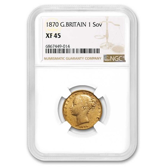 1870 Great Britain Gold Sovereign Victoria Shield XF-45 NGC 1870 Great Britain Gold Sovereign Victoria Shield XF-45 NGC