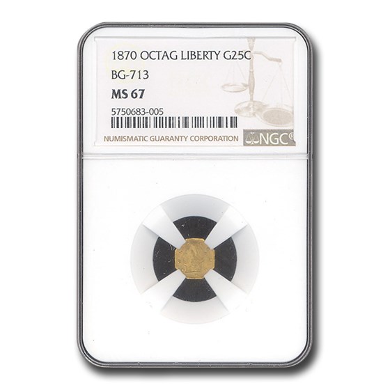 1870 Liberty Octagonal 25 Cent Gold Gold MS-67 NGC (BG-713) 1870 Liberty Octagonal 25 Cent Gold Gold MS-67 NGC (BG-713)