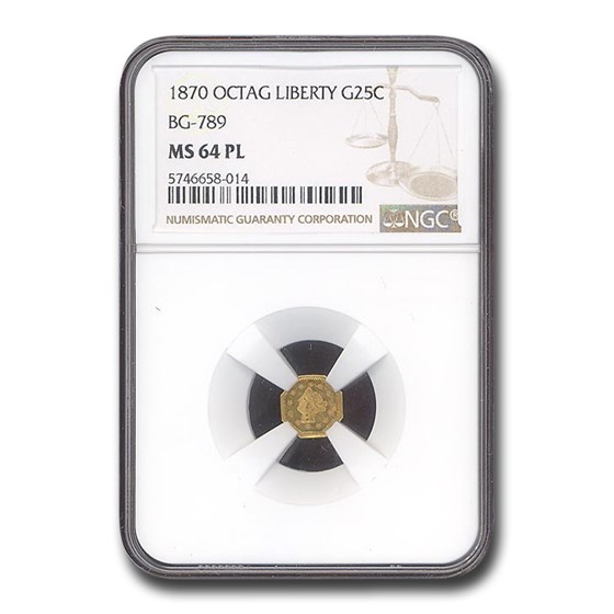 1870 Liberty Octagonal 25 Cent Gold MS-64 NGC (PL, BG-789) 1870 Liberty Octagonal 25 Cent Gold MS-64 NGC (PL, BG-789)