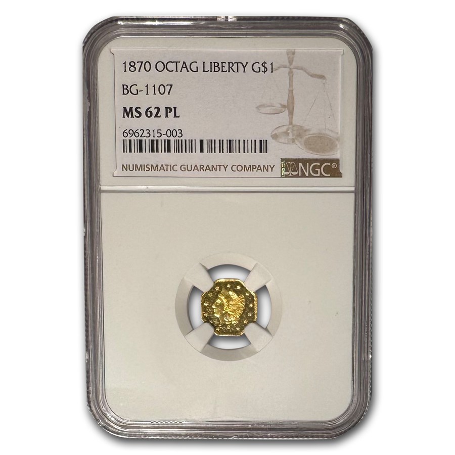 1870 Liberty Octagonal One Dollar Gold MS-62 NGC (PL, BG-1107)