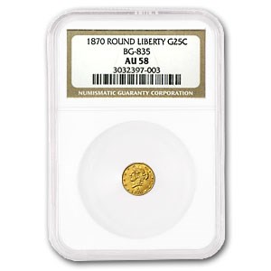 1870 Liberty Round 25 Cent Gold AU-58 NGC (BG-835) 1870 Liberty Round 25 Cent Gold AU-58 NGC (BG-835)