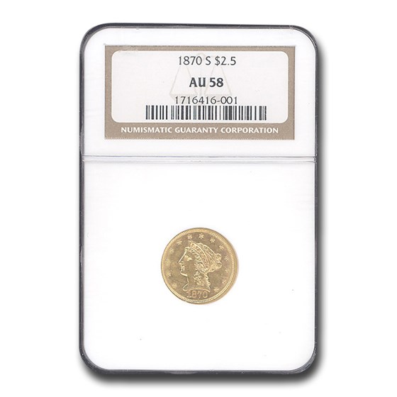 1870-S $2.50 Liberty Gold Quarter Eagle AU-58 NGC 1870-S $2.50 Liberty Gold Quarter Eagle AU-58 NGC