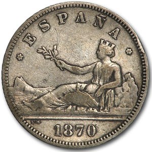 1870(73) DE-M Spain Silver 2 Pesetas VF+ 1870(73) DE-M Spain Silver 2 Pesetas VF+