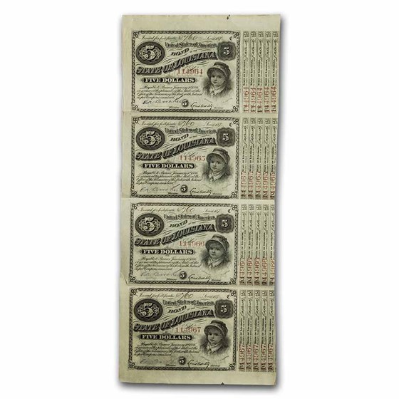 1870s State of Louisiana 'Baby Bonds' $5.00 XF (#29) (Sheet of 4) 1870s State of Louisiana 'Baby Bonds' $5.00 XF (#29) (Sheet of 4)