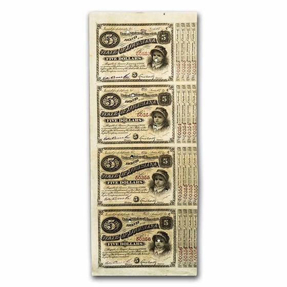 1870s State of Louisiana 'Baby Bonds' $5.00 XF (#29) (Sheet of 4) 1870s State of Louisiana 'Baby Bonds' $5.00 XF (#29) (Sheet of 4)