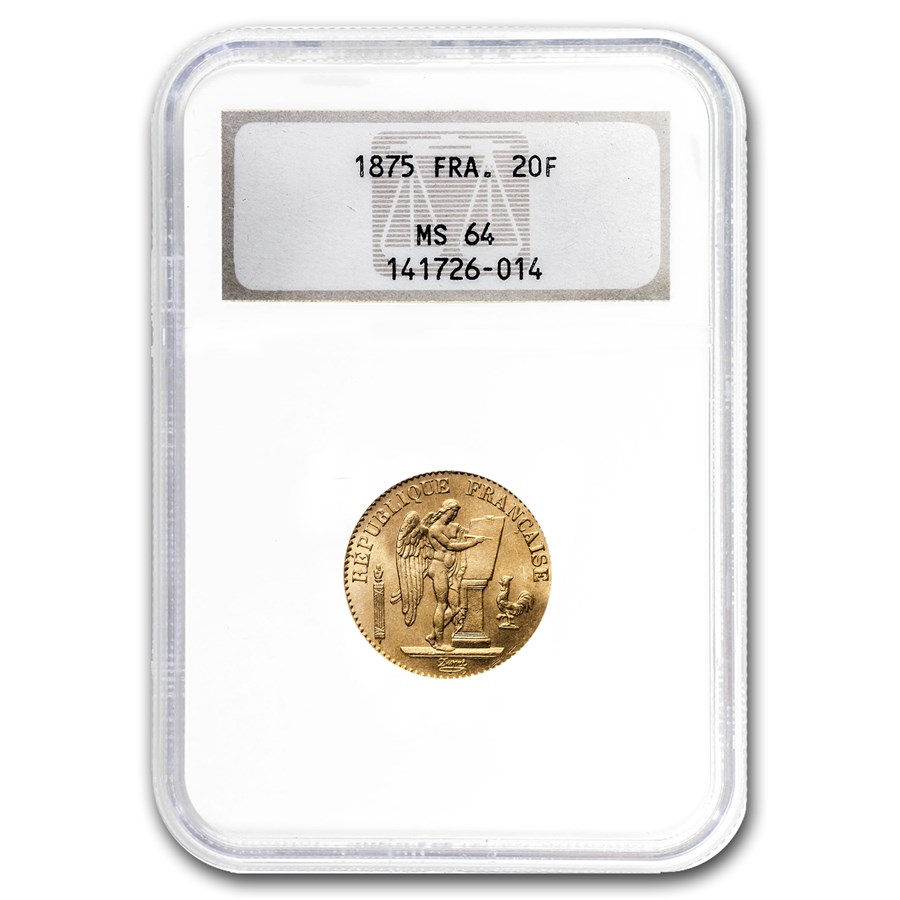 1871-1899 France Gold 20 Francs Angel MS-64 NGC/PCGS